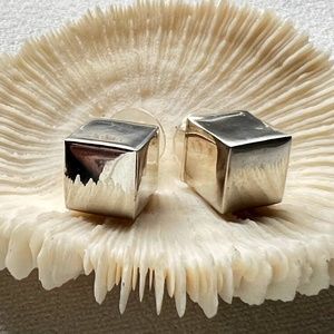 Vintage Sterling Silver Earrings Large 12mm Cube with Post Back, 925 Stamp